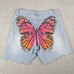 Honeybum Butterfly Denim Jean Shorts Women Medium 27x6 Stretch Printed Raw Hem
